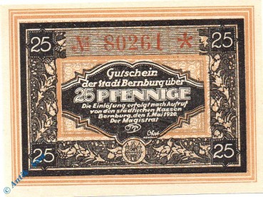 Notgeld Bernburg , 25 Pfennig Schein , Tieste 0520.15.11 , von 1920 , Anhalt Verkehrsausgabe