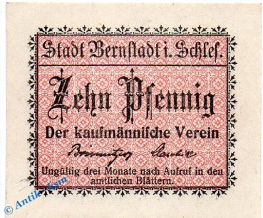 Notgeld Bernstadt , Kfm. Verein , 10 Pfennig Schein in kfr. Wellenbündel , Tieste 0550.05.30 , Schlesien Verkehrsausgabe