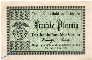 Notgeld Bernstadt , Kfm. Verein , 50 Pfennig Schein in kfr. 94 x 62 mm , Tieste 0550.05.10 , Schlesien Verkehrsausgabe