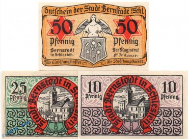 Notgeld Bernstadt , Set mit 3 Scheinen in kfr. Tieste 0550.10.01 bis 03 , Schlesien Verkehrsausgabe