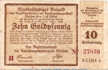 Notgeld Bezirksverband Meissen , 10 Goldpfennig Schein in gbr. Müller 3260.1 von 1923 , Sachsen Wertbeständig