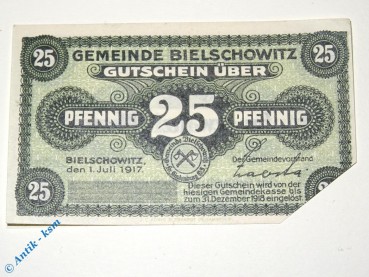 Notgeld Bielschowitz , 25 Pfennig Musterscheinen o. Kn , Tieste 0625.05.10.M , von 1917 , Oberschlesien Verkehrsausgabe