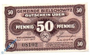 Notgeld Bielschowitz , 50 Pfennig Schein , Mäander , Tieste 0625.05.11 , von 1917 , Oberschlesien Verkehrsausgabe