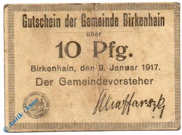 Notgeld Birkenhain , 10 Pfennig Schein gbr , Tieste 0645.05.01 , von 1917 , Oberschlesien Verkehrsausgabe