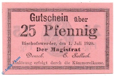 Notgeld Bischofswerder , 25 Pfennig Schein , Pf Rs 4 mm , Tieste 0685.05.46 , von 1920 , Westpreussen Verkehrsausgabe