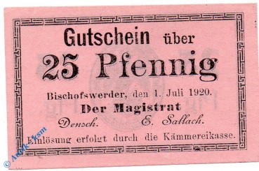 Notgeld Bischofswerder , 25 Pfennig Schein , Pf Rs 5,2 mm , Tieste 0685.05.51 , von 1920 , Westpreussen Verkehrsausgabe