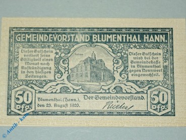 Notgeld Blumenthal , 50 Pfennig Schein Fehldruck , Tieste 0760.10.06 F , von 1920 , Niedersachsen Verkehrsausgabe