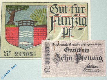 Notgeld Broacker , Set mit 2 Scheinen , Tieste 0945.10.10 und 11 , von 1918 , dänisch Nordschleswig Verkehrsausgabe