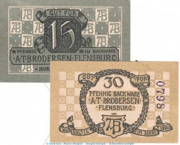 Notgeld Brodersen Flensburg 365.1 , Set mit 2 Scheinen in kfr. von 1920 , Schleswig Holstein Seriennotgeld