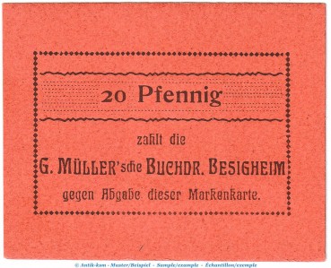 Notgeld Buchdruckerei Besigheim , 20 Pfennig Schein in kfr. Tieste 0555.05.03 o.D. Württemberg Verkehrsausgabe