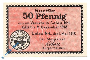 Notgeld Calau , 50 Pfennig Schein , Tieste 1060.10.03 , von 1917 , Brandenburg Verkehrsausgabe