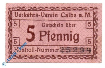 Notgeld Calbe , Verkehrsverein , 5 Pfennig Schein Karton , Tieste 1065.15.10 , Sachsen Verkehrsausgabe