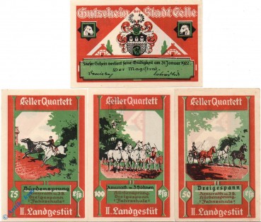 Notgeld Celle , Landgestüt , Set mit 4 Scheinen in kfr. Mehl Grabowski 226.2 , Niedersachsen Seriennotgeld