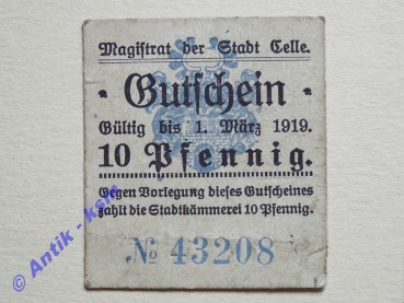 Notgeld Celle , Niedersachsen , Einzelschein über 10 Pfennig , Tieste 1115.01 , von 1917 , Verkehrsausgabe