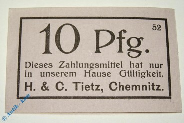 Notgeld Chemnitz , Tietz , 10 Pfennig Schein , Tieste 1135.60.40 , Sachsen Verkehrsausgabe