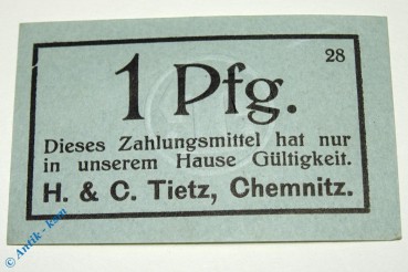 Notgeld Chemnitz , Tietz , 1 Pfennig Schein , Tieste 1135.60.05 , Sachsen Verkehrsausgabe