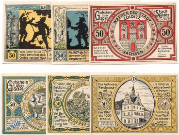 Notgeld Colditz , Set mit 6 Scheinen in kfr. Mehl Grabowski 239.1 , von 1921 , Sachsen Seriennotgeld