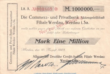 Notgeld Commerz u. Privatbank Werdau , 1 Mio. Mark Scheck gbr. Keller 5547.a von 1923 , Sachsen Inflation