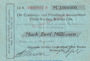 Notgeld Commerz u. Privatbank Werdau , 2 Millionen Mark Scheck gbr. Keller 5547.a von 1923 , Sachsen Inflation