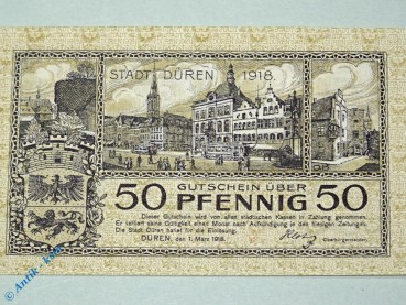 Notgeld Düren , 50 Pfennig Schein , Tieste 1530.10.50 , von 1918 , Rheinland Verkehrsausgabe