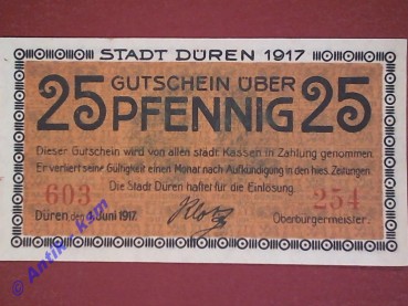 Verkehrsausgaben Notgeld der Stadt Düren Bundesland : Rheinland  ,  Tieste : 1530.30 Wasserzeichen : Achteckfuß  ,  Datum : 01.06.1917 Der Notgeldsatz besteht aus : 25 Pfennig