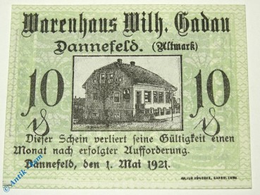 Notgeld Dannefeld , 10 Pfennig Schein , Mehl Grabowski 256.1 , von 1921 , Sachsen Anhalt Serien Notgeld