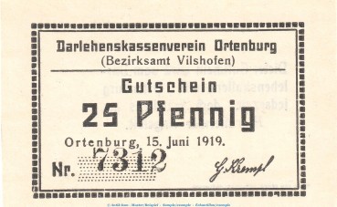 Notgeld Darlehnskassenverein Ortenburg , 25 Pfennig Schein in kfr. Tieste 5420.05.50 , von 1919 , Bayern Verkehrsausgabe