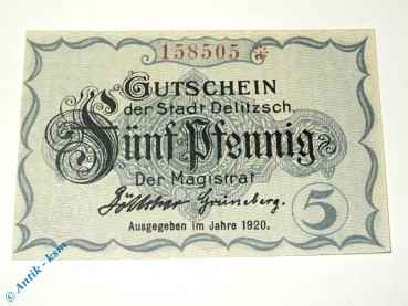 Notgeld Delitzsch , 5 Pfennig Schein , Tieste 1325.15.30 , von 1920 , Sachsen Verkehrsausgabe