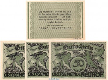 Notgeld der Gemeinde-Ort Neuhof S.647.II.c Aufl. III , Set mit 4 Scheinen in kfr. o.D. Notgeld Oberösterreich