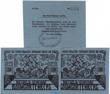 Notgeld der Gemeinde Baumgartenberg S.79.III.D schwarz , Set mit 3 Scheinen in kfr. o.D. Notgeld Oberösterreich