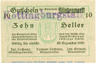 Notgeld der Gemeinde Blindenmarkt 93.I.s , 10 Heller -Kottingburgstall- in kfr. von 1920 Notgeld Niederösterreich