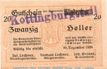 Notgeld der Gemeinde Blindenmarkt 93.I.s , 20 Heller -Kottingburgstall- in kfr. von 1920 Notgeld Niederösterreich