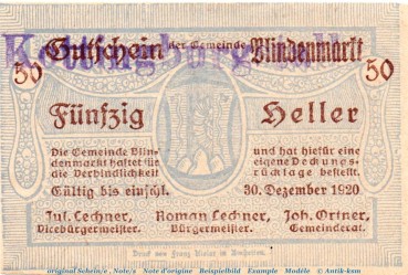 Notgeld der Gemeinde Blindenmarkt 93.I.s , 50 Heller -Kottingburgstall- in kfr. von 1920 Notgeld Niederösterreich