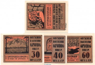 Notgeld der Gemeinde Grödig orange 290.a , Set mit 4 Scheinen o. Drfa. in kfr. o.D. Notgeld Salzburg