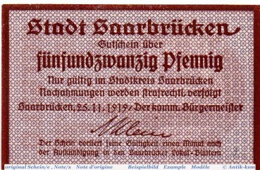 Notgeld der Stadt Saarbrücken 6335.10.11 , 25 Pfennig Schein in kfr. von 1919 , Rheinland Verkehrsausgabe