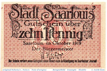 Notgeld der Stadt Saarlouis 6350.05.30 , 10 Pfennig Schein in kfr. von 1919 , Rheinland Verkehrsausgabe