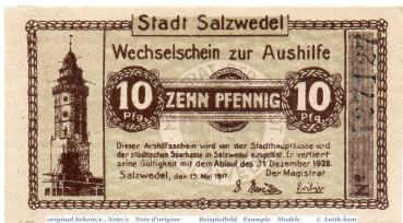 Notgeld der Stadt Salzwedel 6375.10.60 , 10 Pfennig Schein in kfr. von 1917 , Sachsen Anhalt Verkehrsausgabe