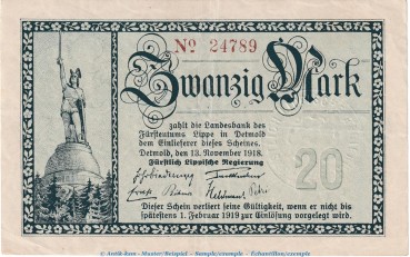 Notgeld Detmold Lippe , 20 Mark Schein in gbr. Geiger 324.03 von 1918 , Westfalen Grossnotgeld