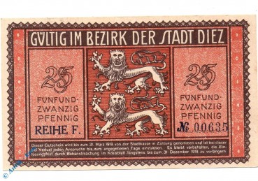 Vorlage Notgeld Diez , 25 Pfennig Schein mit Signatur , Tieste 1375.05.06 , von 1917 , Hessen Verkehrsausgabe