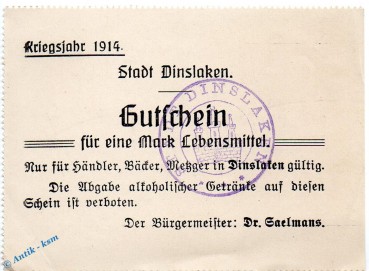 Notgeld Dinslaken , 1 Mark Schein in f-kfr. Dießner 83.1.a , von 1914 , Rheinland Notgeld von 1914/1915