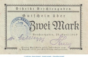 Notgeld Distikt Berchtesgaden , 2 Mark Schein in gbr. Geiger 038.02 von 1919 , Bayern Grossnotgeld