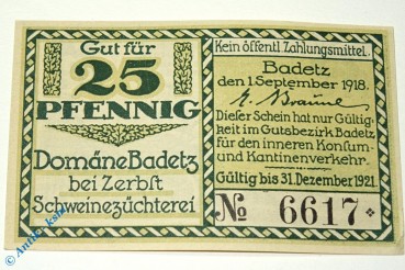 Notgeld Domäne Badetz , 25 Pfennig grün gelb , Mehl Grabowski 59.1 , von 1918 , Sachsen Anhalt Serien Notgeld