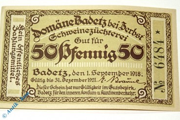 Notgeld Domäne Badetz , Einzelschein über 50 Pfennig , Mehl Grabowski 59.1 , von 1918 , Sachsen Anhalt Serien Notgeld