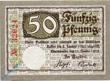 Notgeld Eberswalde , 50 Pfennig Schein , Tieste 1570.05.10 , von 1918 , Brandenburg Verkehrsausgabe