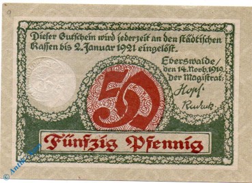 Notgeld Eberswalde , 50 Pfennig Schein , Tieste 1570.20.1 , von 1919 , Brandenburg Verkehrsausgabe