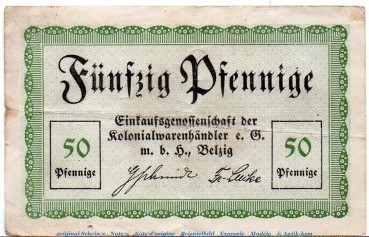 Notgeld Einkaufsgenossenschaft Belzig 0395.05.07 , 50 Pfennig Schein in gbr. von 1920 , Brandenburg Verkehrsausgabe