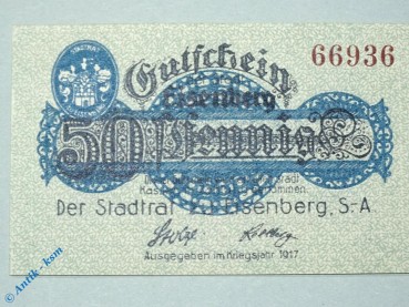 Notgeld Eisbergen , 50 Pfennig Schein mit Drfa , Tieste 1635.10.10 , von 1917 , Sachsen Verkehrsausgabe