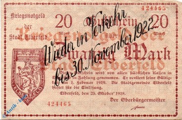 Notgeld Elberfeld , überdruckt , 20 Mark Schein , Geiger 124.W4 , 25.10.1918 , Rheinland Großnotgeld