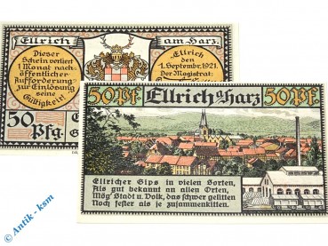 Notgeld Ellrich a. Harz , Satz mit 2 Scheinen , Mehl Grabowski 331.1 von 1921 , Thüringen Seriennotgeld