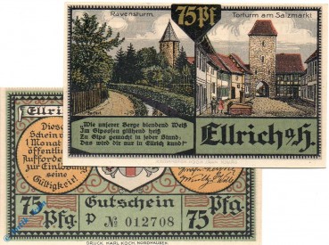 Notgeld Ellrich , Satz mit 2 Scheinen kfr. Mehl Grabowski 331.1 c , von 1921 , Thüringen Seriennotgeld